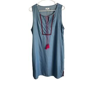 Crown & Ivy Chambray Shift Dress Bali Adventure Sz 12 Pink Black Trim Tasseled